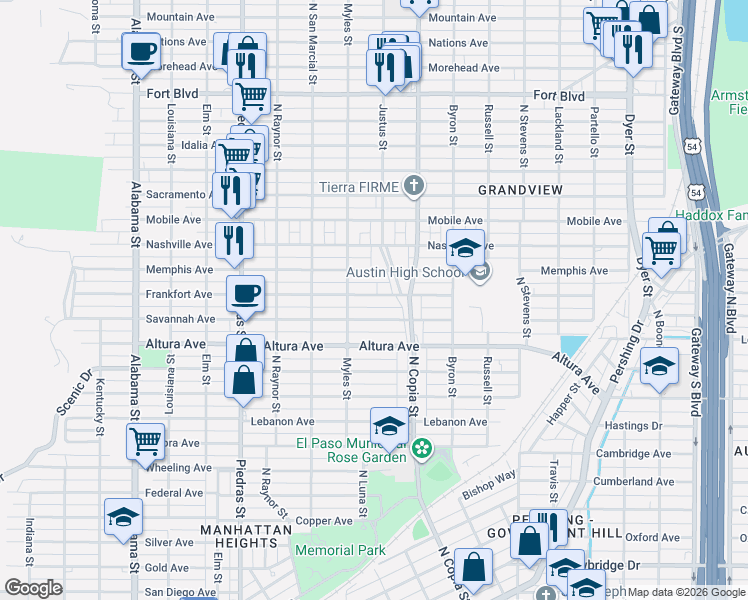 map of restaurants, bars, coffee shops, grocery stores, and more near 3236 Frankfort Avenue in El Paso