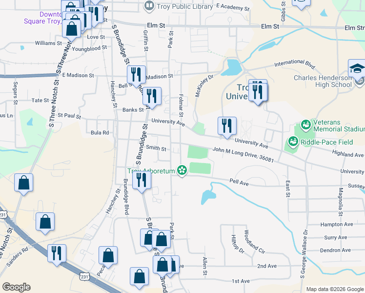 map of restaurants, bars, coffee shops, grocery stores, and more near 200 John M Long Drive, 36081 in Troy