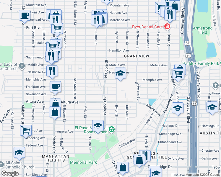 map of restaurants, bars, coffee shops, grocery stores, and more near 3414 Frankfort Avenue in El Paso