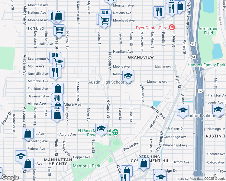 map of restaurants, bars, coffee shops, grocery stores, and more near 3414 Frankfort Avenue in El Paso