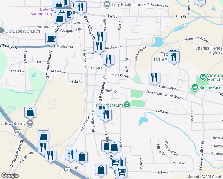 map of restaurants, bars, coffee shops, grocery stores, and more near 116 Smith Street in Troy