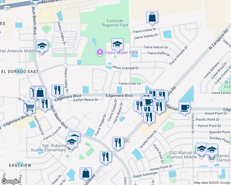 map of restaurants, bars, coffee shops, grocery stores, and more near 13060 Tierra David Court in El Paso