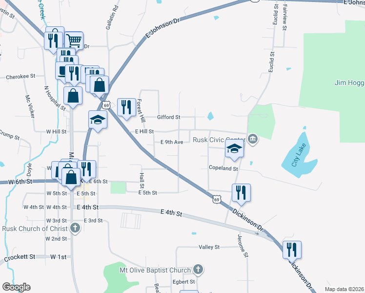 map of restaurants, bars, coffee shops, grocery stores, and more near 245 East 9th Avenue in Rusk
