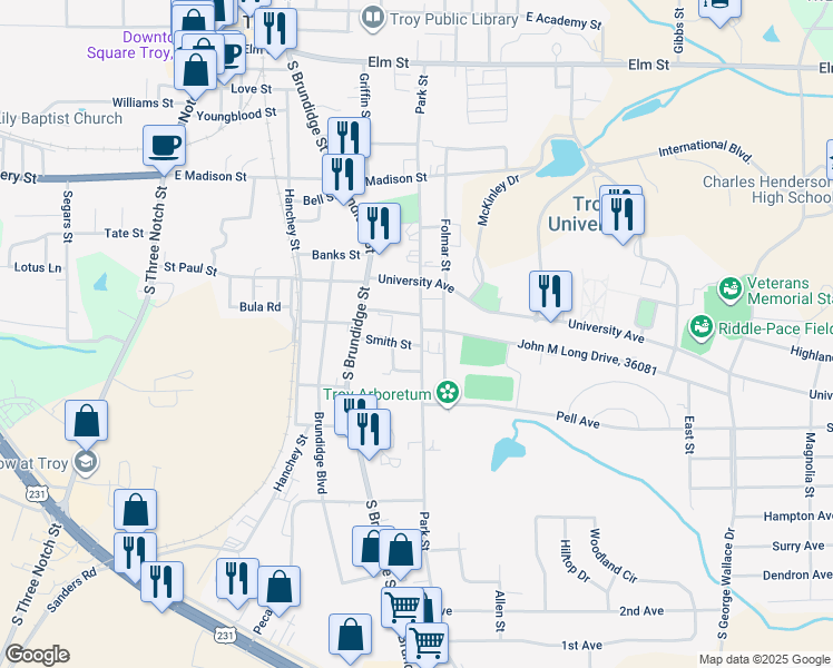 map of restaurants, bars, coffee shops, grocery stores, and more near 725 Park Street in Troy