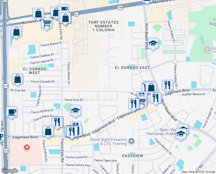 map of restaurants, bars, coffee shops, grocery stores, and more near 4409 Turf Road in El Paso