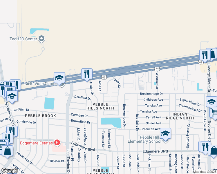 map of restaurants, bars, coffee shops, grocery stores, and more near 3600 Waterspring Way in El Paso