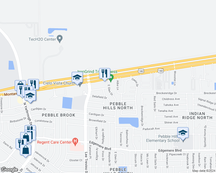 map of restaurants, bars, coffee shops, grocery stores, and more near 10941 Sagebrush Way in El Paso