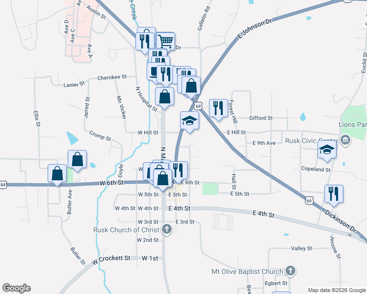 map of restaurants, bars, coffee shops, grocery stores, and more near East 9th Avenue in Rusk