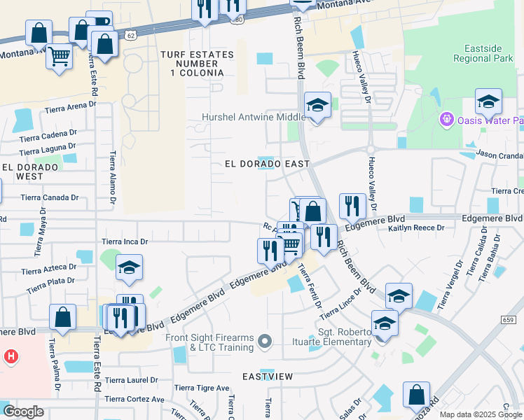 map of restaurants, bars, coffee shops, grocery stores, and more near 3741 Tierra Isela Drive in El Paso