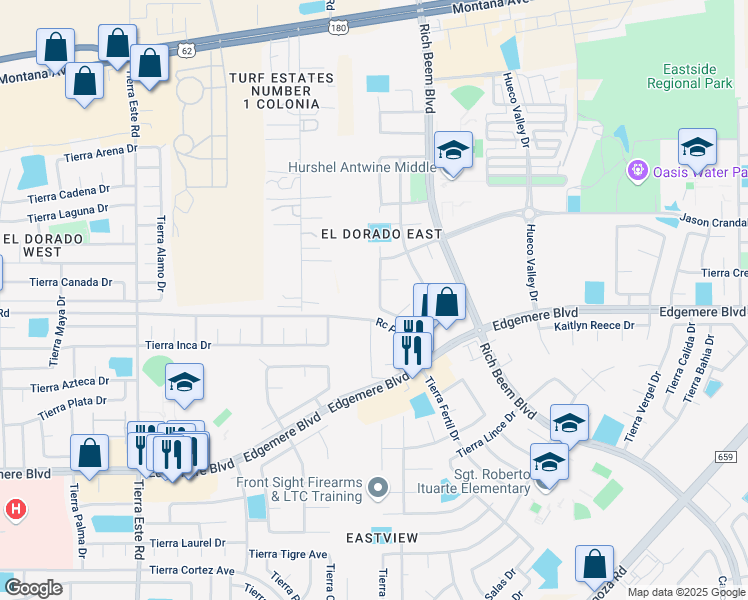 map of restaurants, bars, coffee shops, grocery stores, and more near 3741 Tierra Isela Drive in El Paso
