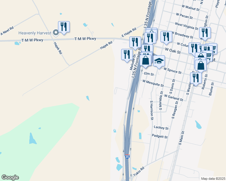 map of restaurants, bars, coffee shops, grocery stores, and more near Interstate 35 in West