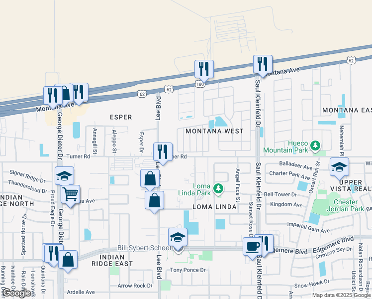 map of restaurants, bars, coffee shops, grocery stores, and more near 3612 Wax Palm Place in El Paso