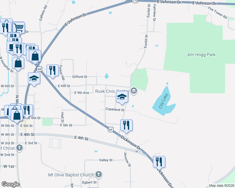map of restaurants, bars, coffee shops, grocery stores, and more near 160 Plum Street in Rusk
