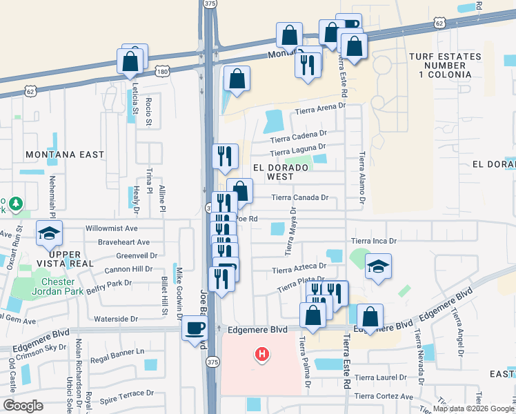 map of restaurants, bars, coffee shops, grocery stores, and more near 12229 Tierra Alamo Drive in El Paso