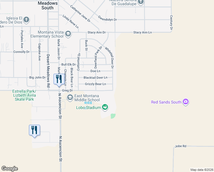 map of restaurants, bars, coffee shops, grocery stores, and more near 14981 Greg Drive in El Paso