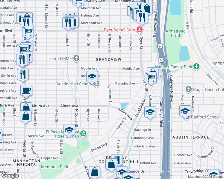 map of restaurants, bars, coffee shops, grocery stores, and more near 3711 Frankfort Avenue in El Paso
