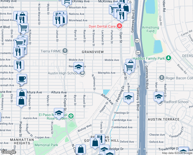 map of restaurants, bars, coffee shops, grocery stores, and more near 3711 Frankfort Avenue in El Paso