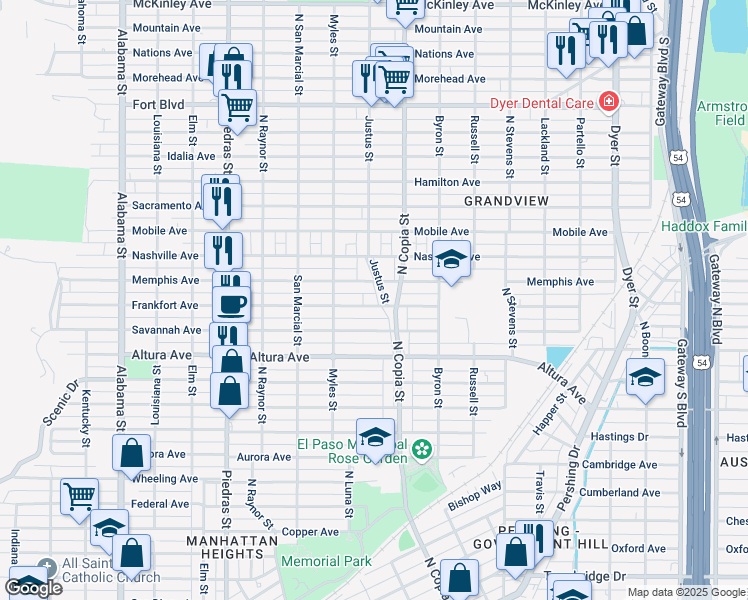 map of restaurants, bars, coffee shops, grocery stores, and more near 3236 Frankfort Avenue in El Paso