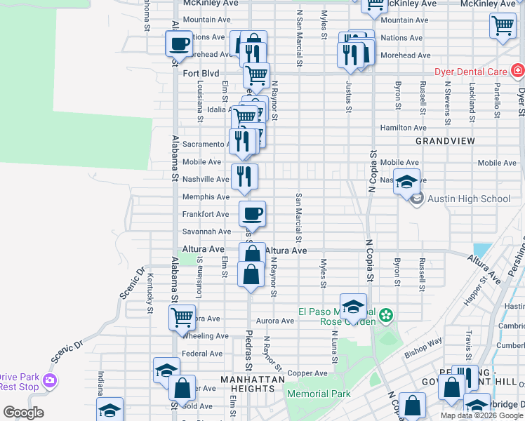 map of restaurants, bars, coffee shops, grocery stores, and more near 2906 Frankfort Avenue in El Paso