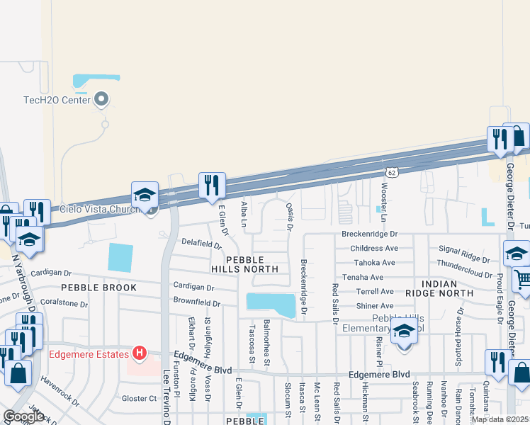 map of restaurants, bars, coffee shops, grocery stores, and more near 3608 Waterspring Way in El Paso