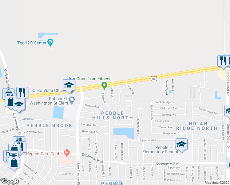 map of restaurants, bars, coffee shops, grocery stores, and more near 11010 Montana Avenue in El Paso