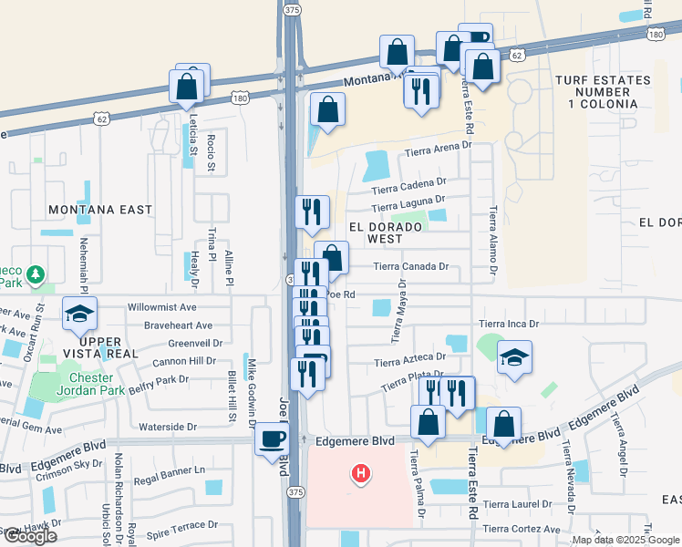 map of restaurants, bars, coffee shops, grocery stores, and more near 3725 Tierra Zafiro Drive in El Paso