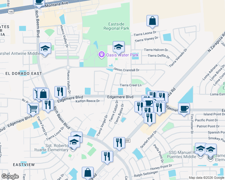 map of restaurants, bars, coffee shops, grocery stores, and more near 13060 Tierra David Court in El Paso