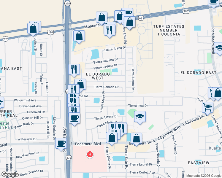 map of restaurants, bars, coffee shops, grocery stores, and more near 12340 Tierra Alamo Drive in El Paso