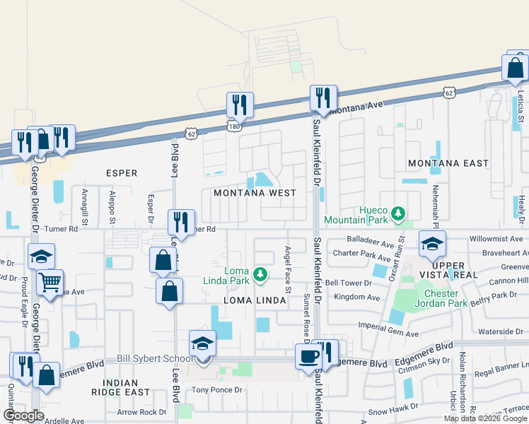 map of restaurants, bars, coffee shops, grocery stores, and more near 11604 Great Abaco Court in El Paso
