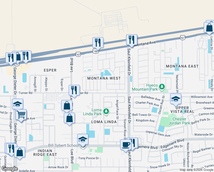 map of restaurants, bars, coffee shops, grocery stores, and more near 11604 Great Abaco Court in El Paso