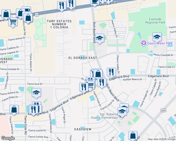 map of restaurants, bars, coffee shops, grocery stores, and more near 12720 Tierra Jezrel Lane in El Paso