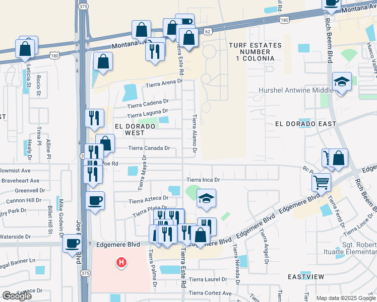 map of restaurants, bars, coffee shops, grocery stores, and more near 12408 Tierra Maria Court in El Paso