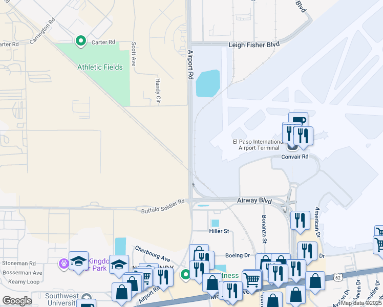map of restaurants, bars, coffee shops, grocery stores, and more near 6600 Airport Road in El Paso