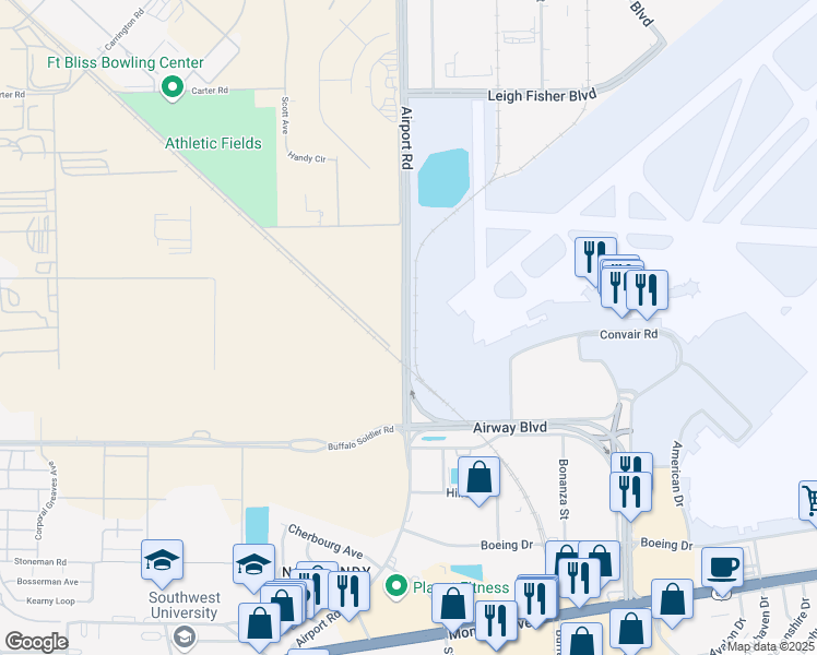 map of restaurants, bars, coffee shops, grocery stores, and more near 6600 Airport Road in El Paso