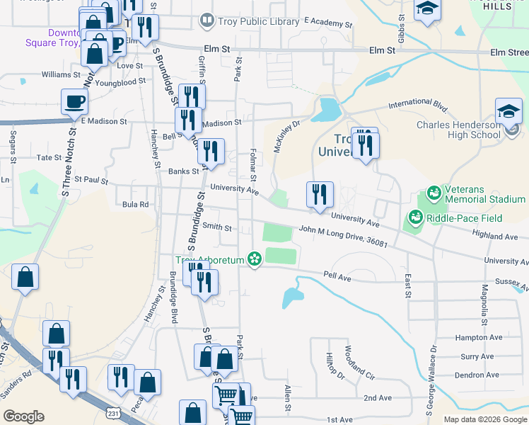 map of restaurants, bars, coffee shops, grocery stores, and more near 200 John M Long Drive, 36081 in Troy