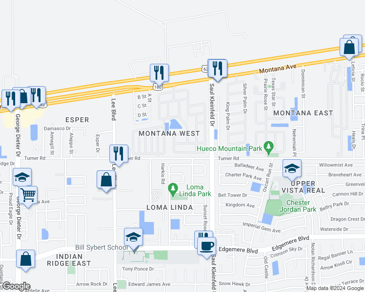 map of restaurants, bars, coffee shops, grocery stores, and more near 11624 Grotto Bay Court in El Paso