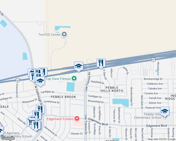 map of restaurants, bars, coffee shops, grocery stores, and more near 3585 Lee Trevino Drive in El Paso