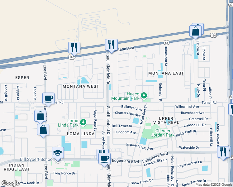 map of restaurants, bars, coffee shops, grocery stores, and more near 3607 King Palm Drive in El Paso