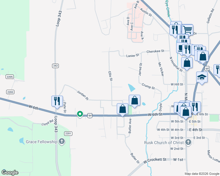 map of restaurants, bars, coffee shops, grocery stores, and more near 168 Ellis Street in Rusk