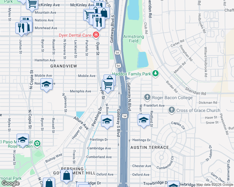 map of restaurants, bars, coffee shops, grocery stores, and more near 4118 Nashville Avenue in El Paso