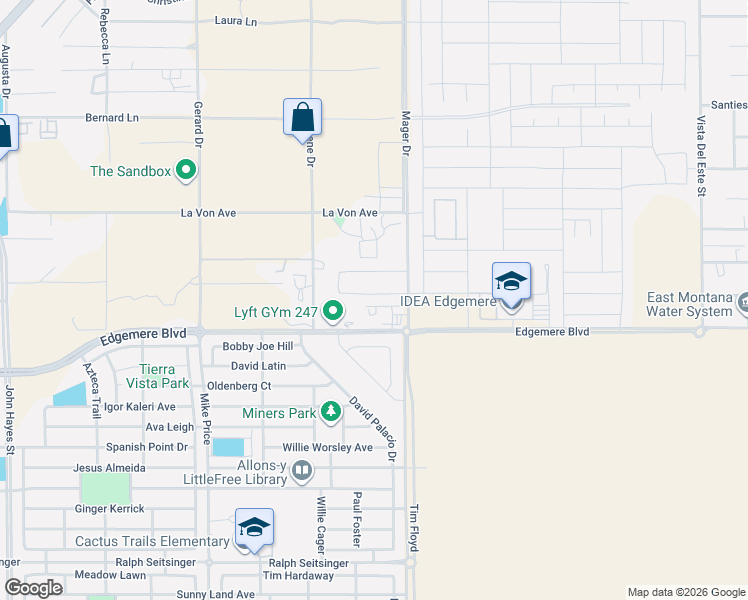 map of restaurants, bars, coffee shops, grocery stores, and more near 14821 Edgemere Boulevard in El Paso