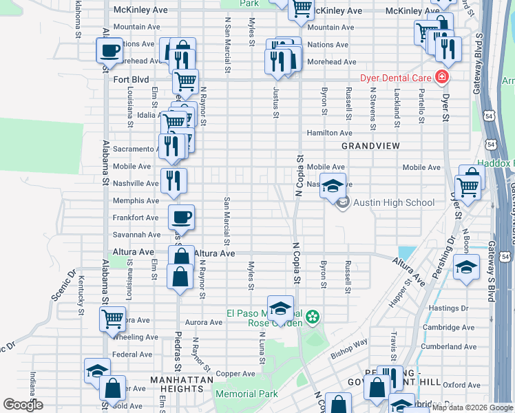 map of restaurants, bars, coffee shops, grocery stores, and more near 3214 Frankfort Avenue in El Paso