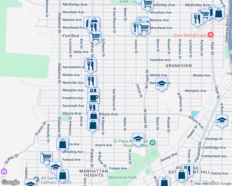 map of restaurants, bars, coffee shops, grocery stores, and more near 3104 Frankfort Avenue in El Paso
