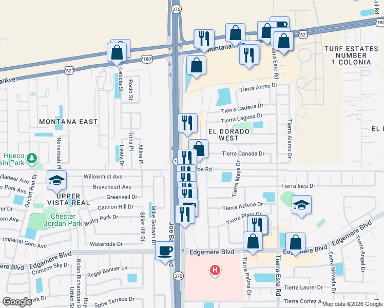 map of restaurants, bars, coffee shops, grocery stores, and more near 3550 Joe Battle Boulevard in El Paso