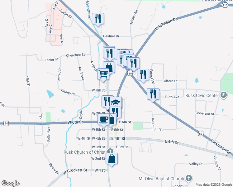 map of restaurants, bars, coffee shops, grocery stores, and more near 325 North Henderson Street in Rusk