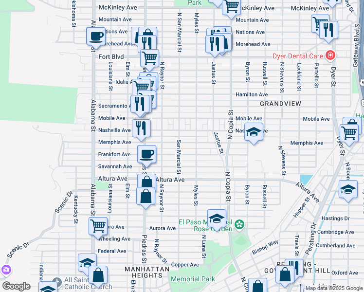 map of restaurants, bars, coffee shops, grocery stores, and more near 3104 Frankfort Avenue in El Paso