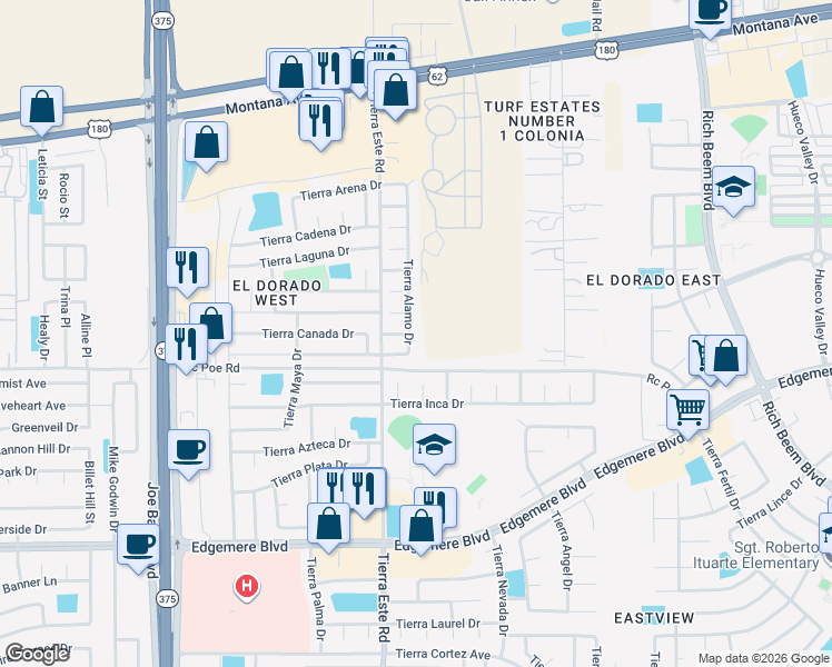 map of restaurants, bars, coffee shops, grocery stores, and more near 3744 Tierra Alamo Drive in El Paso