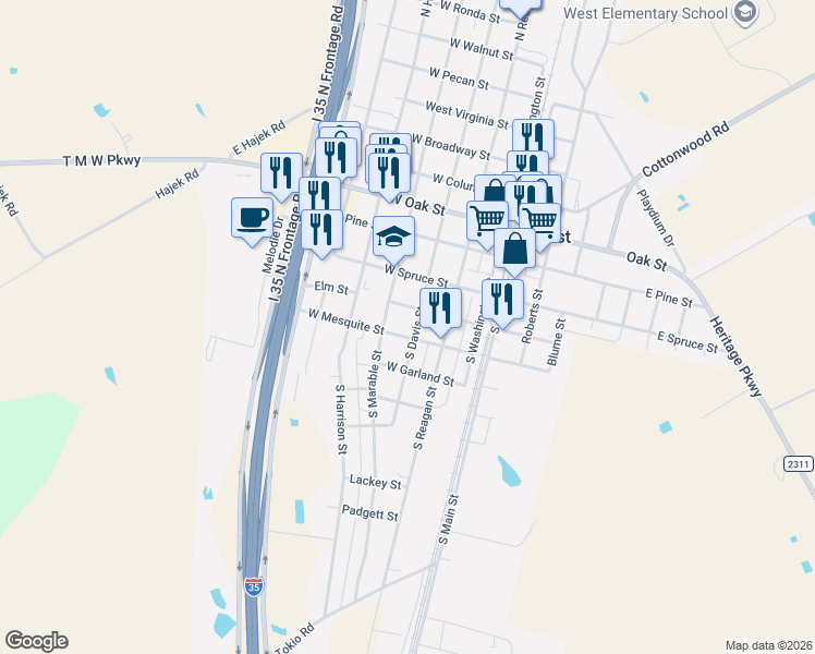 map of restaurants, bars, coffee shops, grocery stores, and more near 210 South Davis Street in West