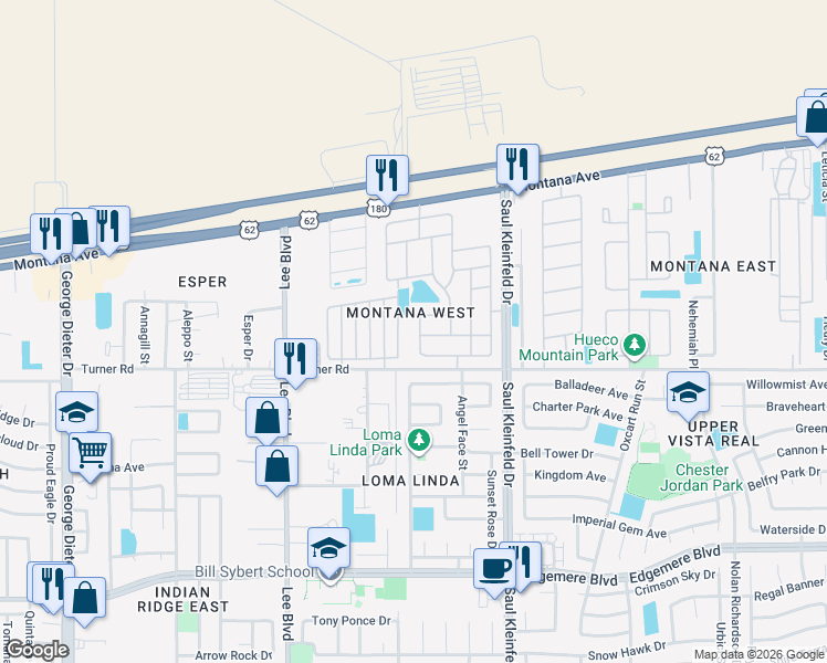 map of restaurants, bars, coffee shops, grocery stores, and more near 3669 Grand Cayman Lane in El Paso