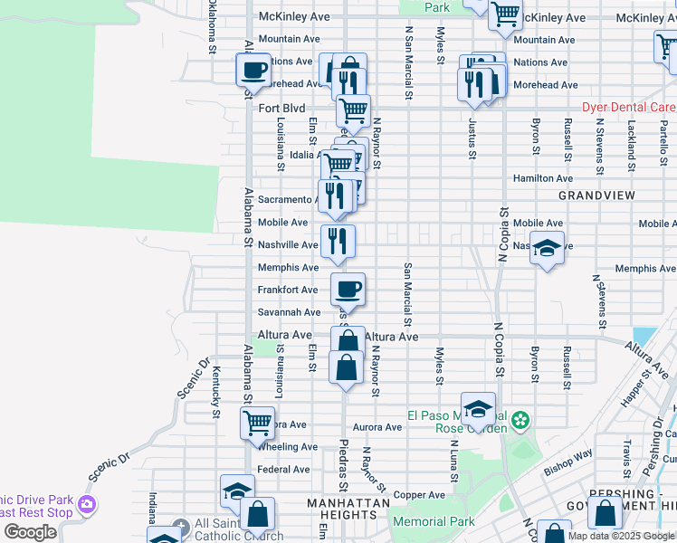 map of restaurants, bars, coffee shops, grocery stores, and more near 2602 North Piedras Street in El Paso